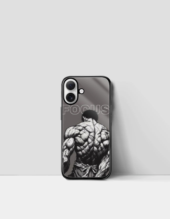 Black and white focus manga phone case featuring a muscular manga character's back design