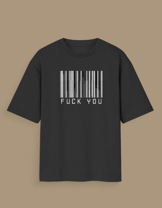 Black fu genz tee for Gen Z with white barcode and bold text design on front