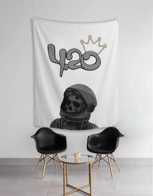 420 wall tapestry anime white hanging tapestry with graffiti 420 text and crown above astronaut skull in helmet