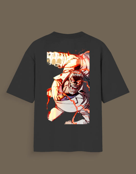 Black Garp Haki anime t-shirt featuring dynamic graphic of Garp with fiery effects on back