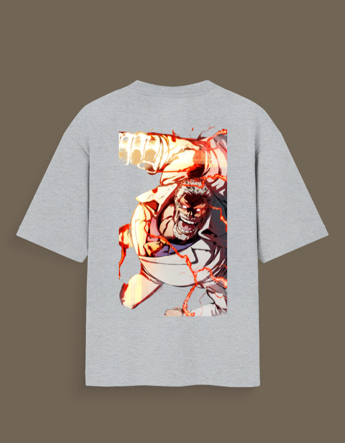 Grey Garp Haki anime t-shirt featuring a dynamic graphic of Garp with fiery effects on the back