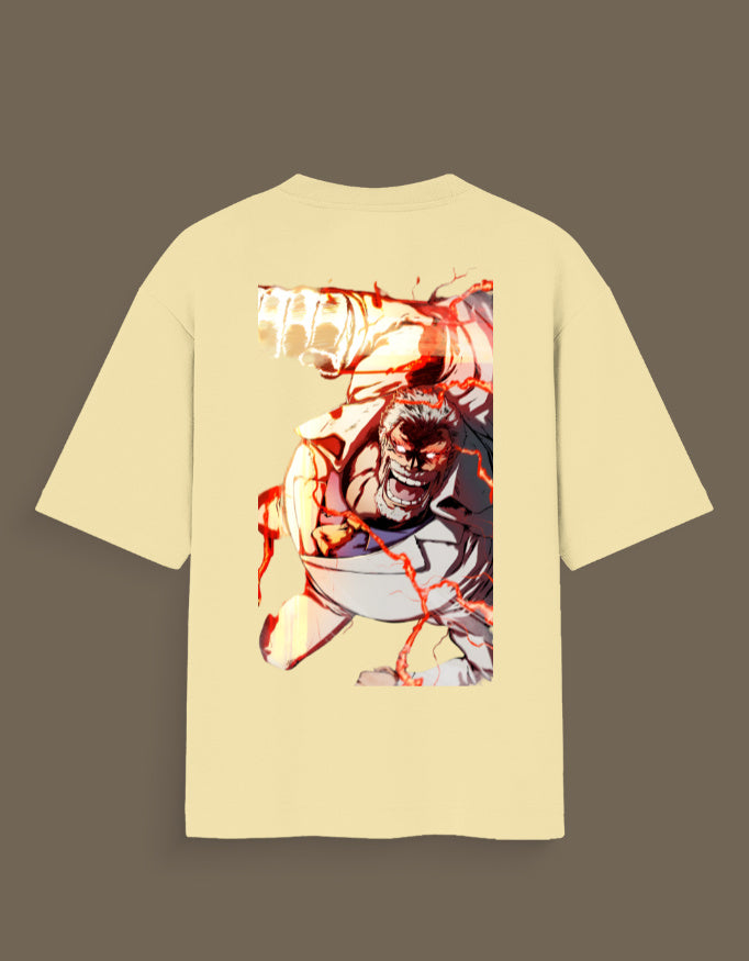 Beige Garp Haki anime t-shirt featuring intense anime character graphic on back