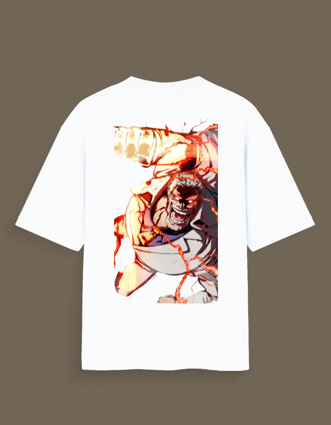 White Garp Haki anime t-shirt featuring dynamic manga character artwork with intense action pose