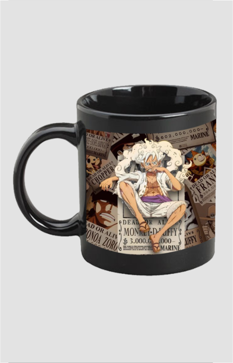 Black Gear 5 anime coffee mug featuring Monkey D. Luffy with wanted posters design
