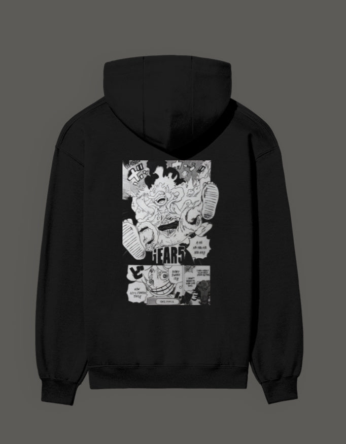 Black Gear 5 anime hoodie featuring bold graphic design on the back for anime enthusiasts