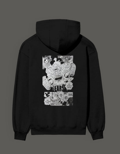 Black Gear 5 anime hoodie featuring bold graphic design on the back for anime enthusiasts