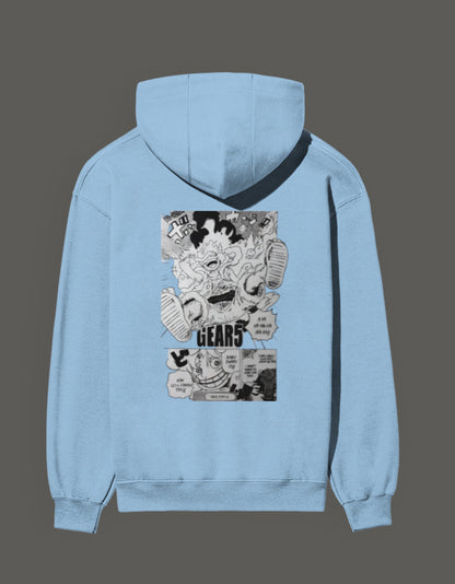 Light blue Gear 5 anime hoodie featuring vibrant graphic print on the back