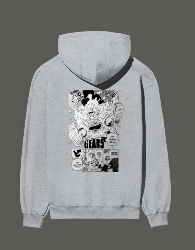 Gray hoodie featuring Gear 5 anime artwork on the back for anime fans