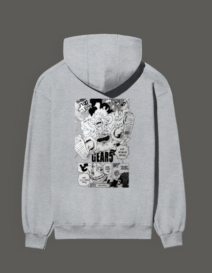 Gray hoodie featuring Gear 5 anime artwork on the back for anime fans