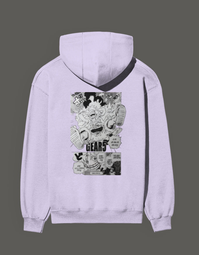 Light purple Gear 5 anime hoodie featuring bold graphic design on the back for anime fans