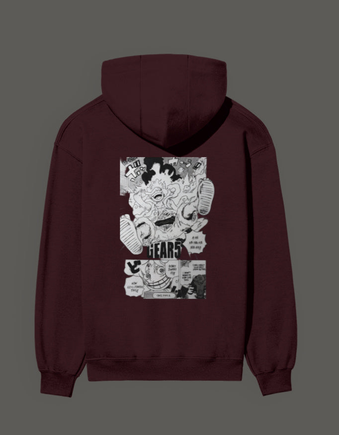 Gear 5 anime hoodie in maroon featuring bold graphic design on the back
