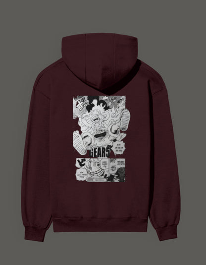 Gear 5 anime hoodie in maroon featuring bold graphic design on the back