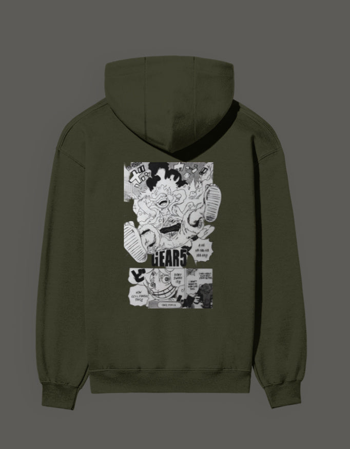 Gear 5 anime hoodie in olive green featuring unique graphic design on the back