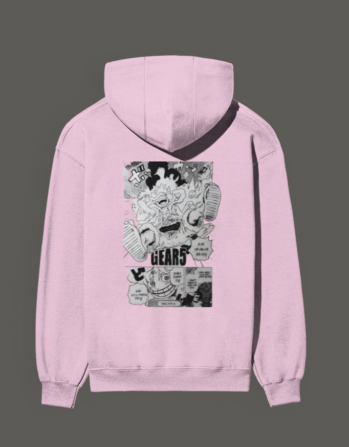 Light pink Gear 5 anime hoodie featuring bold graphics and comic-style design on the back