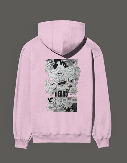 Light pink Gear 5 anime hoodie featuring bold graphics and comic-style design on the back