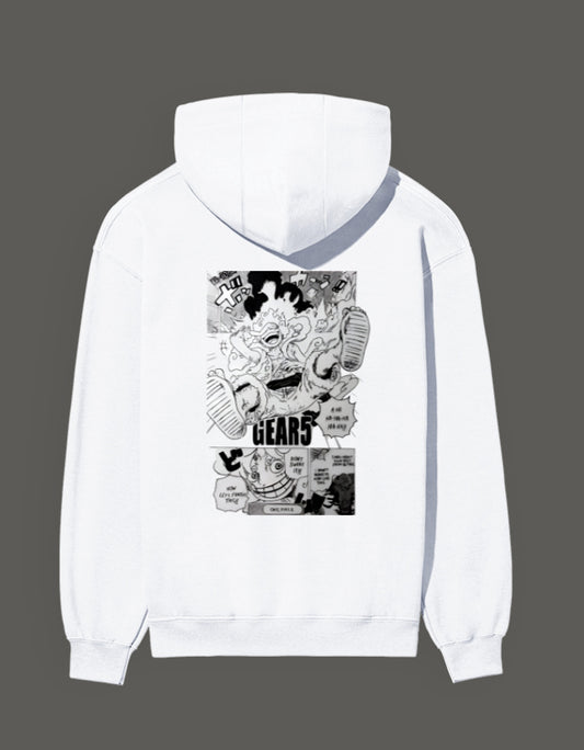 White hoodie featuring Gear 5 anime design with bold graphic and text for anime fans