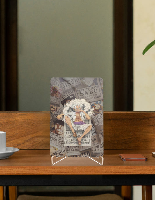 Gear 5 anime relic featuring a dynamic illustration on a decorative stand.