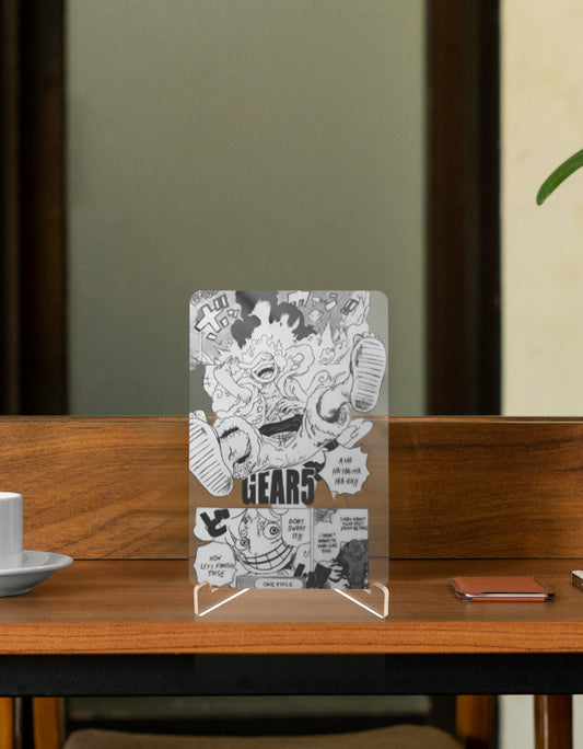 Gear 5 anime relic display featuring vibrant art of anime characters on a clear stand