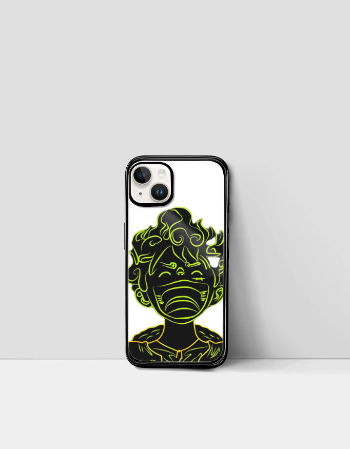Gear 5 iPhone case featuring a neon outline of an anime character with curly hair and a mask