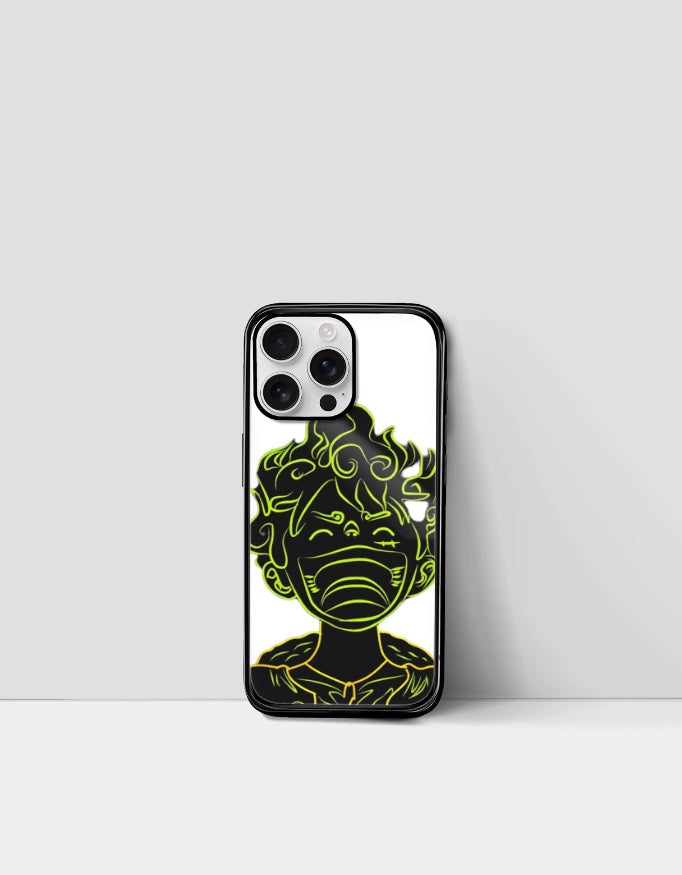 Gear 5 iPhone case featuring neon green anime character design on black and white background