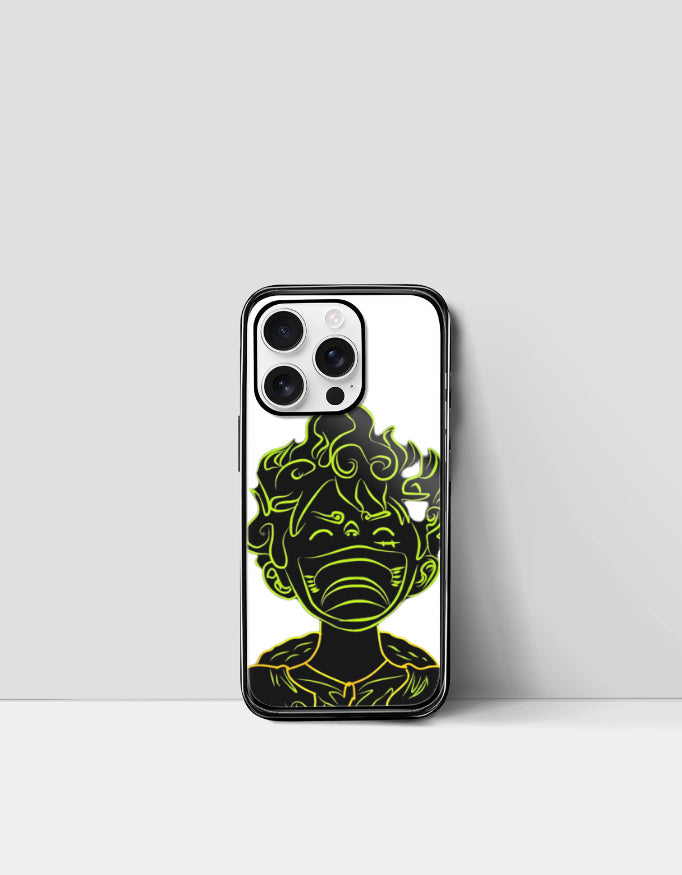 Gear 5 iPhone case with black and neon green character design on white background