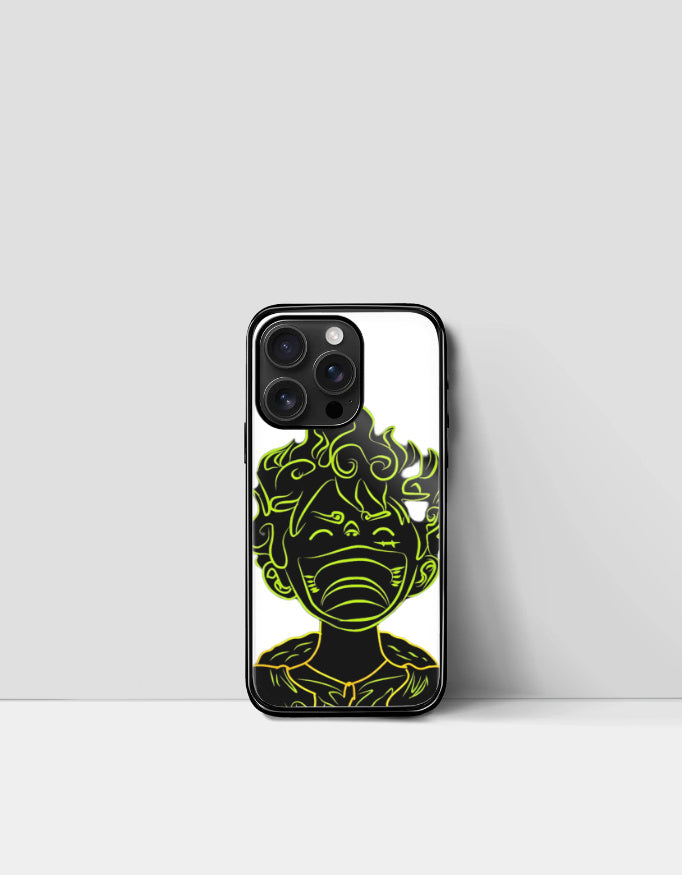 Gear 5 iPhone case featuring neon green anime character design on a black and white background