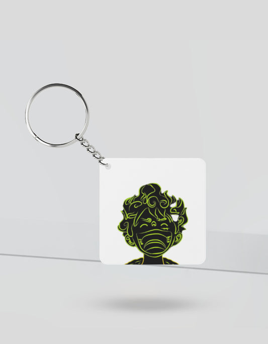 AnimeGear 5 keychain with black and green stylized character design on white square background