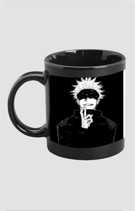 Black Gojo coffee mug featuring anime character with white hair and blindfold in monochrome design