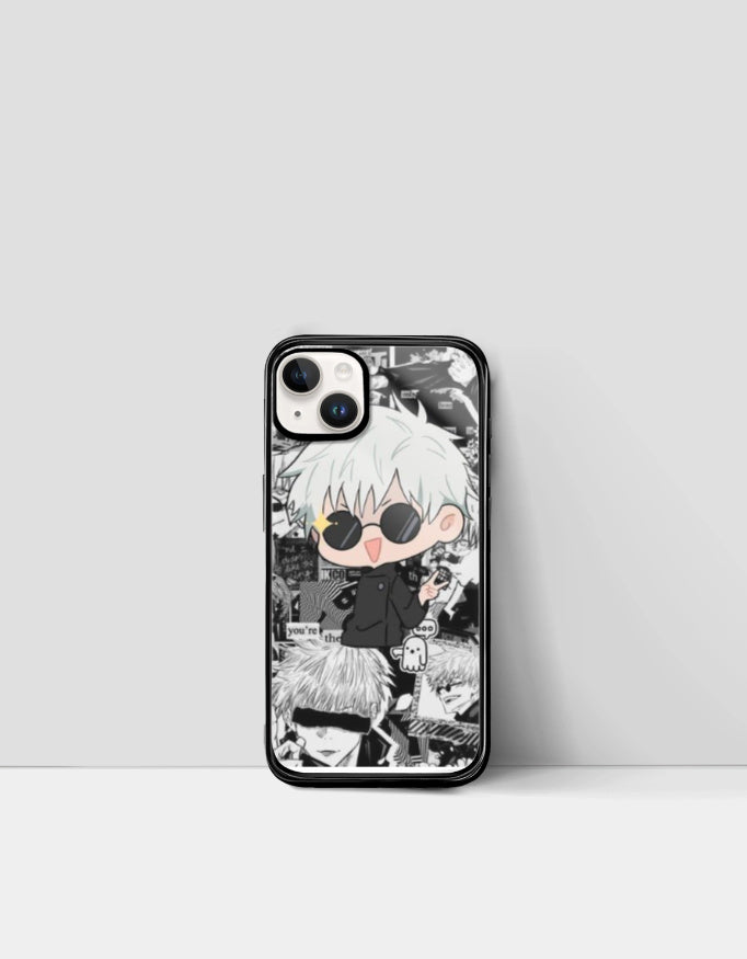 AnimeVerseStore Gojo iPhone case featuring chibi Gojo Satoru design with black and white manga background