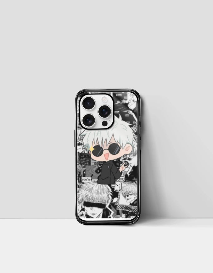 AnimeVerseStore Gojo iPhone case featuring chibi Gojo Satoru with black sunglasses on manga background