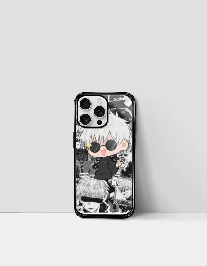 Gojo iPhone case featuring chibi anime character with black and white manga background