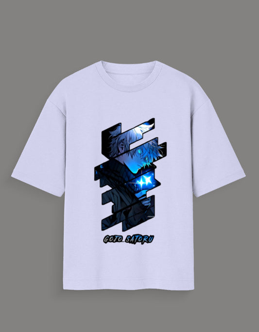 White Gojo oversized anime t-shirt featuring a blue graphic design of Gojo Satoru from AnimeVerseStore