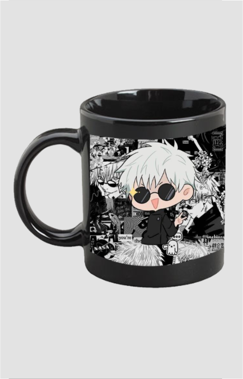 Black ceramic Gojo Satoru anime mug featuring chibi character design and manga collage background