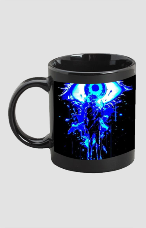 Black Gojo Satoru coffee mug with vibrant blue anime character design from AnimeVerseStore
