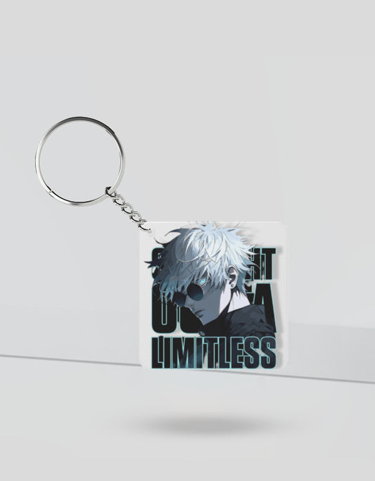 Gojo Satoru keychain featuring anime character with white hair and sunglasses from AnimeVerseStore