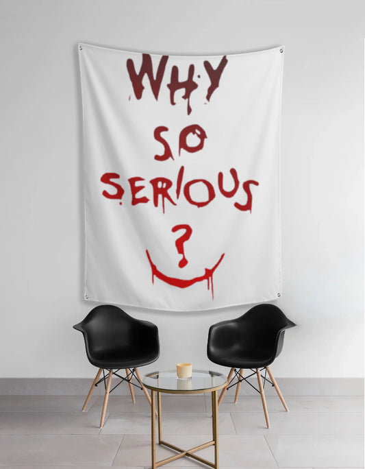 AnimeVerseStore white why so serious tapestry with red dripping graffiti text and smile hung over modern chairs