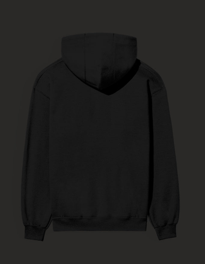 Back view of a black graphic streetwear hoodie India with a comfortable and stylish design