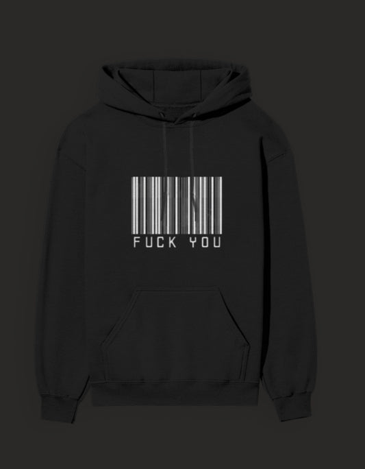 Black graphic streetwear hoodie India featuring a barcode design with bold text