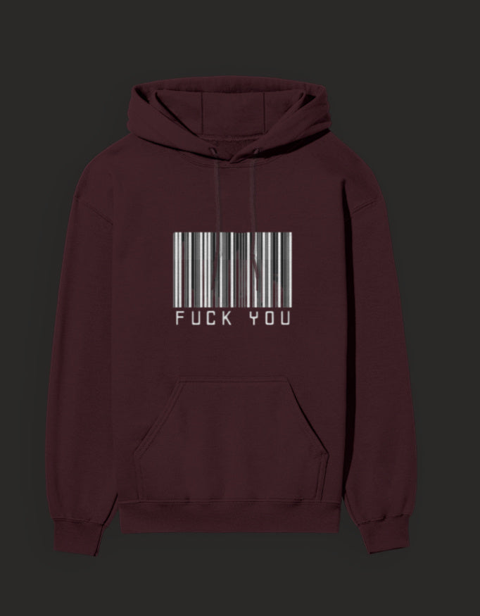 Maroon graphic streetwear hoodie India with a barcode design and the text F*CK YOU