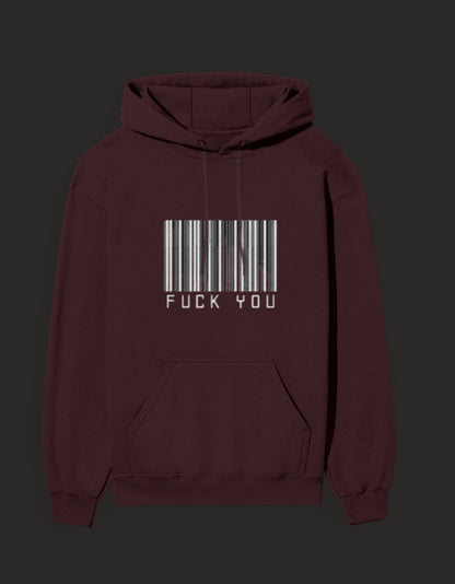 Maroon graphic streetwear hoodie India with a barcode design and the text F*CK YOU