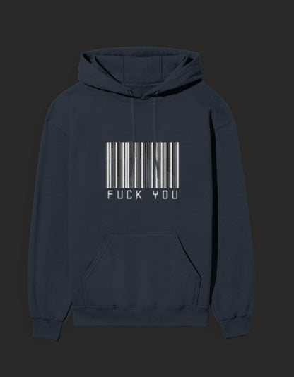 Graphic streetwear hoodie India in navy blue featuring a bold barcode design with the text 'FUCK YOU'