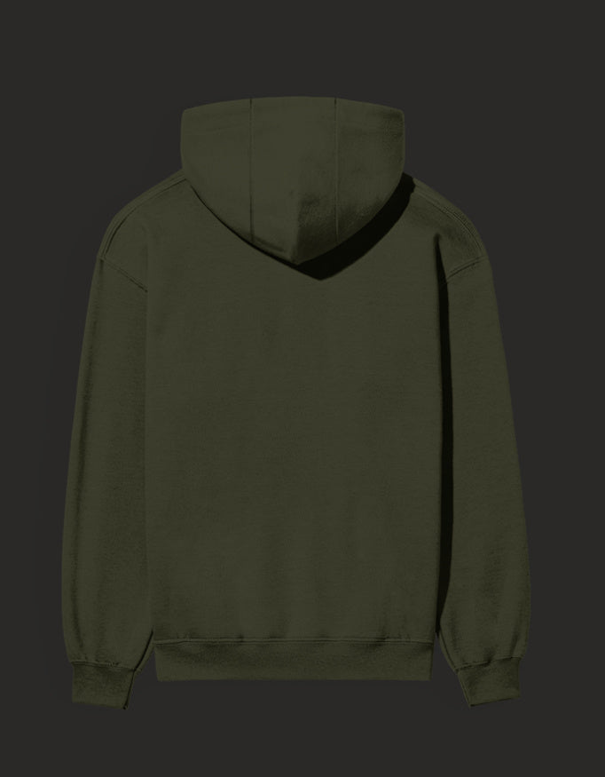 Back view of an olive green graphic streetwear hoodie India with a spacious hood and cuffed sleeves