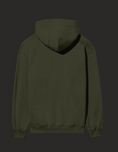 Back view of an olive green graphic streetwear hoodie India with a spacious hood and cuffed sleeves