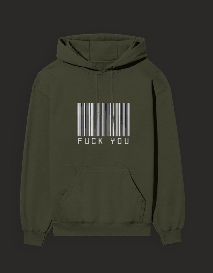 Graphic streetwear hoodie in olive green featuring barcode design and text, available in India.
