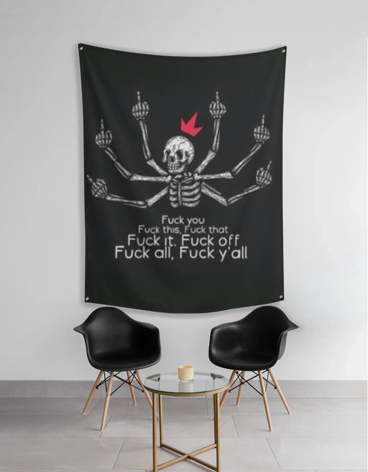 anime wall tapestry India black skull spider skeleton giving middle fingers with pink crown bedroom wall decor