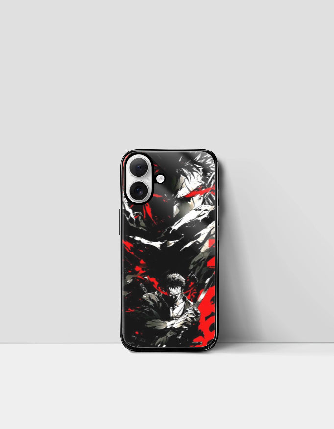 Guts iPhone case anime with black and red artistic design featuring anime warrior character