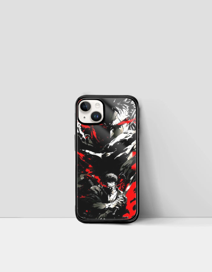 Guts iPhone case anime with black and red graphic design featuring a dark anime character in dynamic pose