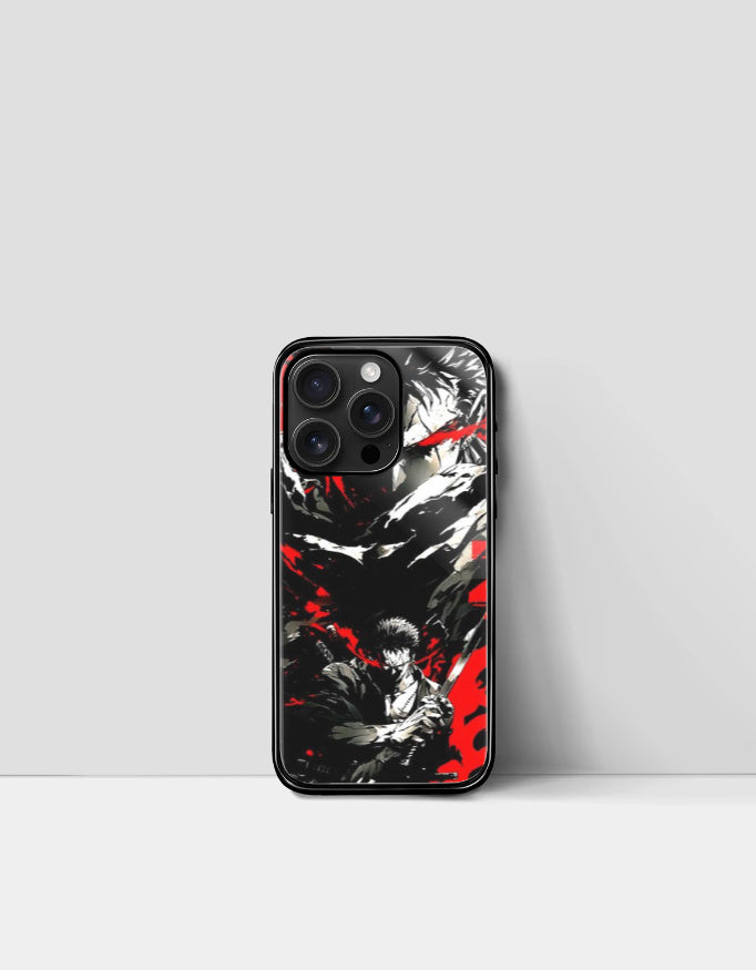 Guts iPhone case anime featuring dark and red graphic design of Guts character in action pose