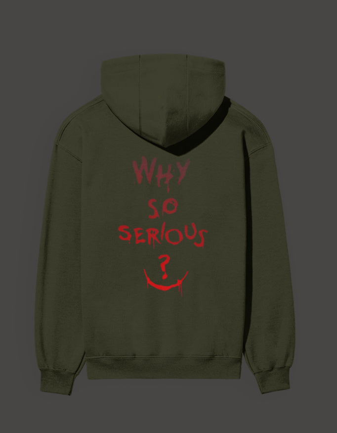 Green hoodie featuring a red 'Why So Serious?' graphic on the back for casual fans