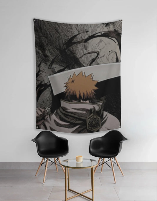 Ichigo Bleach Tapestry featuring a dramatic portrait of Ichigo in a dark background